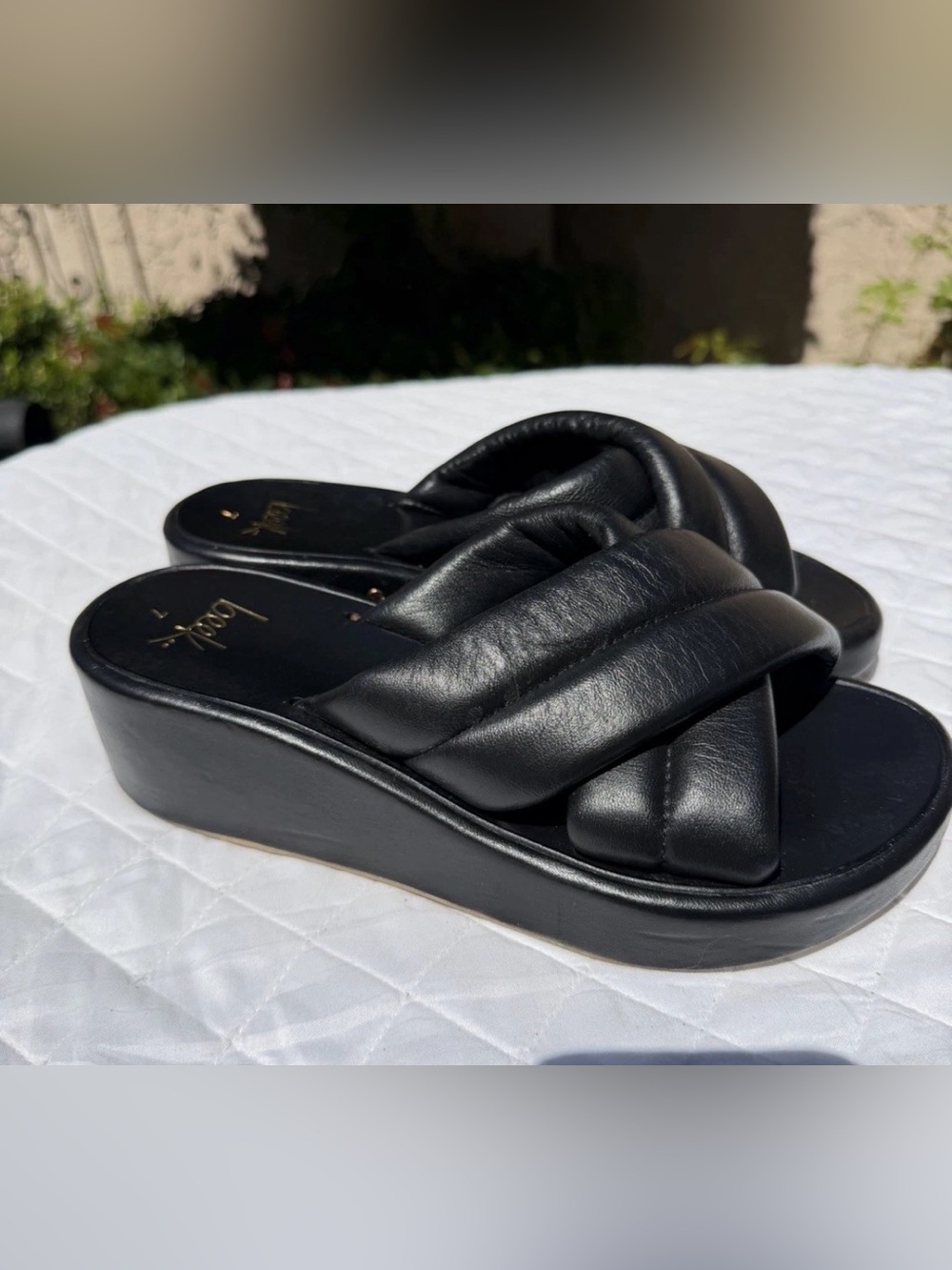 Beek black leather padded STORK platform wedge sandals women’s size 7